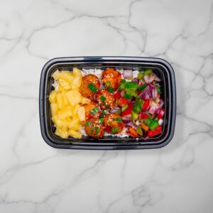 Hawaiian meatballs in tray