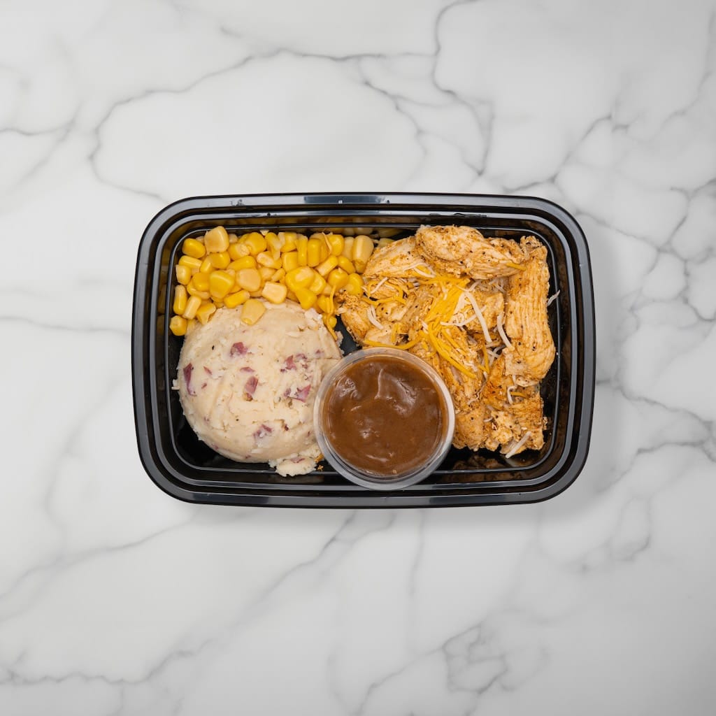 rotisserie chicken and mash in tray