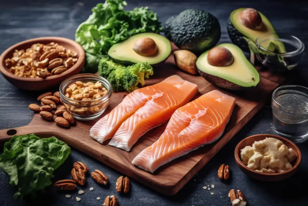 healthy fats laid out on cutting board, including nuts, avacado and fish