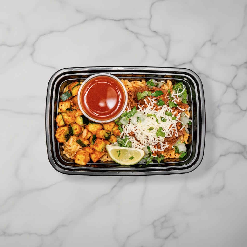 beef birria bowl in a tray