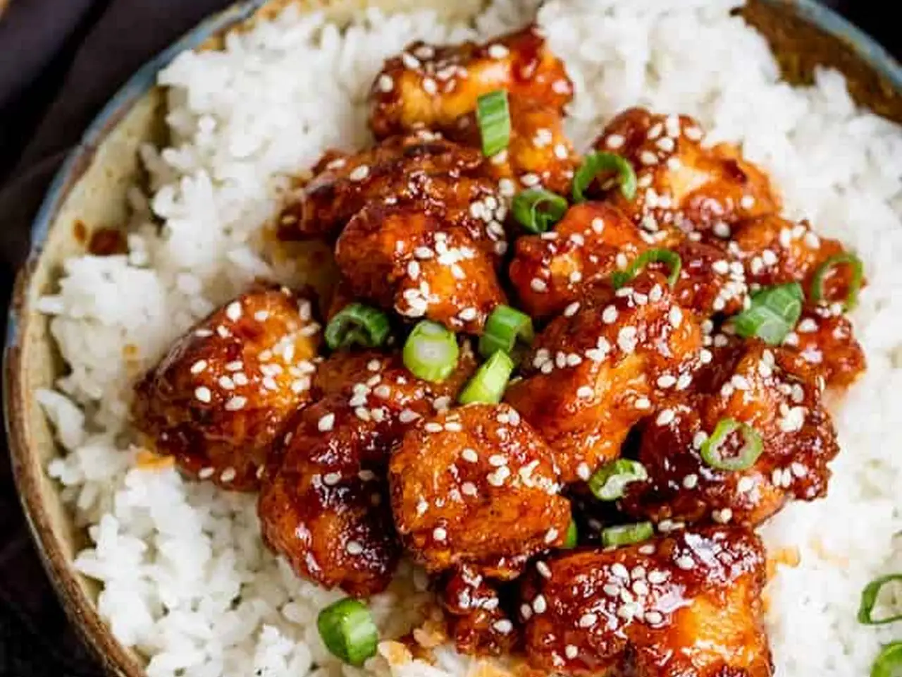 orange chicken meatballs over basmati rice
