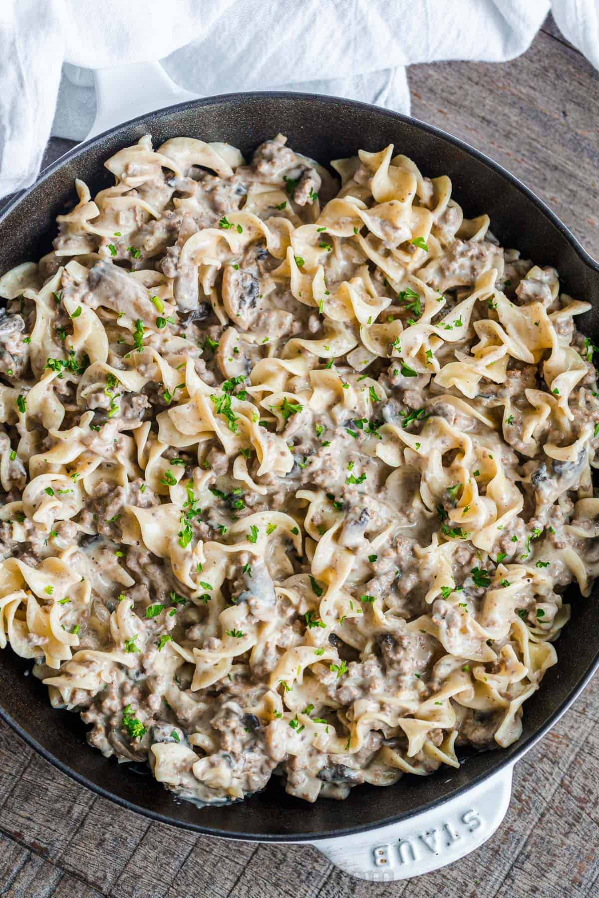 creamy beef stroganoff in a pan
