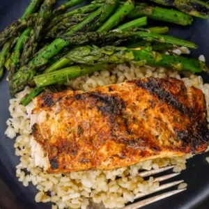 cajun salmon with asparagus and rice