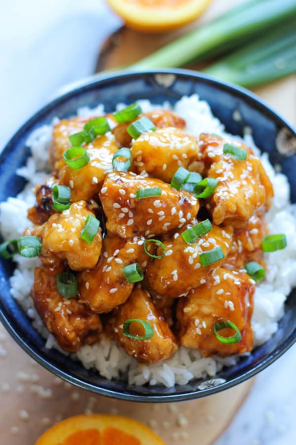 orange chicken over rice